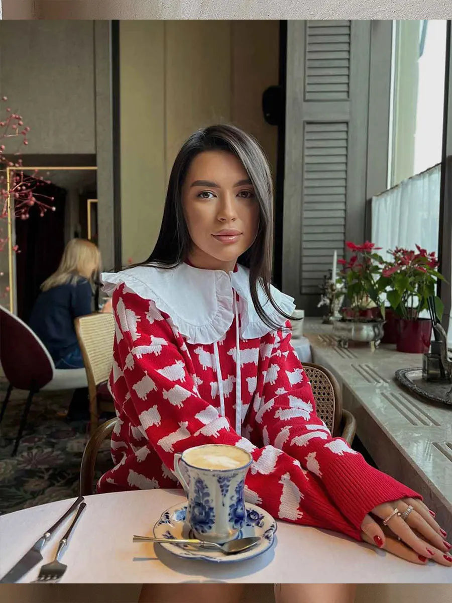 O-neck Alpaca Loose Casual Mid Length Printed Sweater