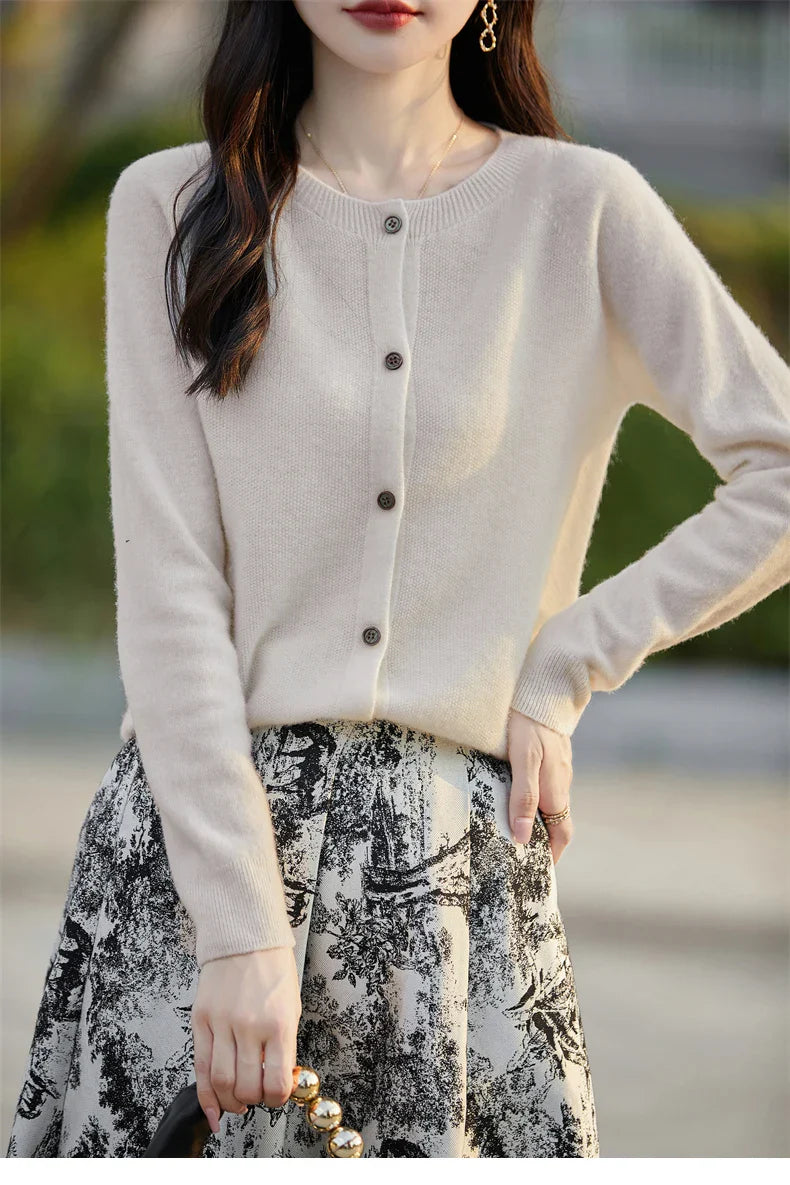 Soft Wool Cashmere Blend Knitted Round Neck Cardigan