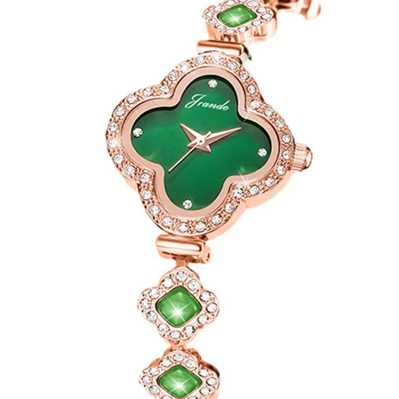 Lucky 4 Leaf Clover Green Rhinestone Watch