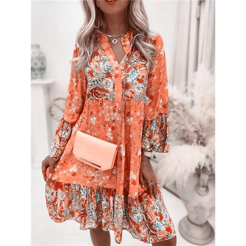 Cute Boho V Neck Floral Design Dress with Ruffles