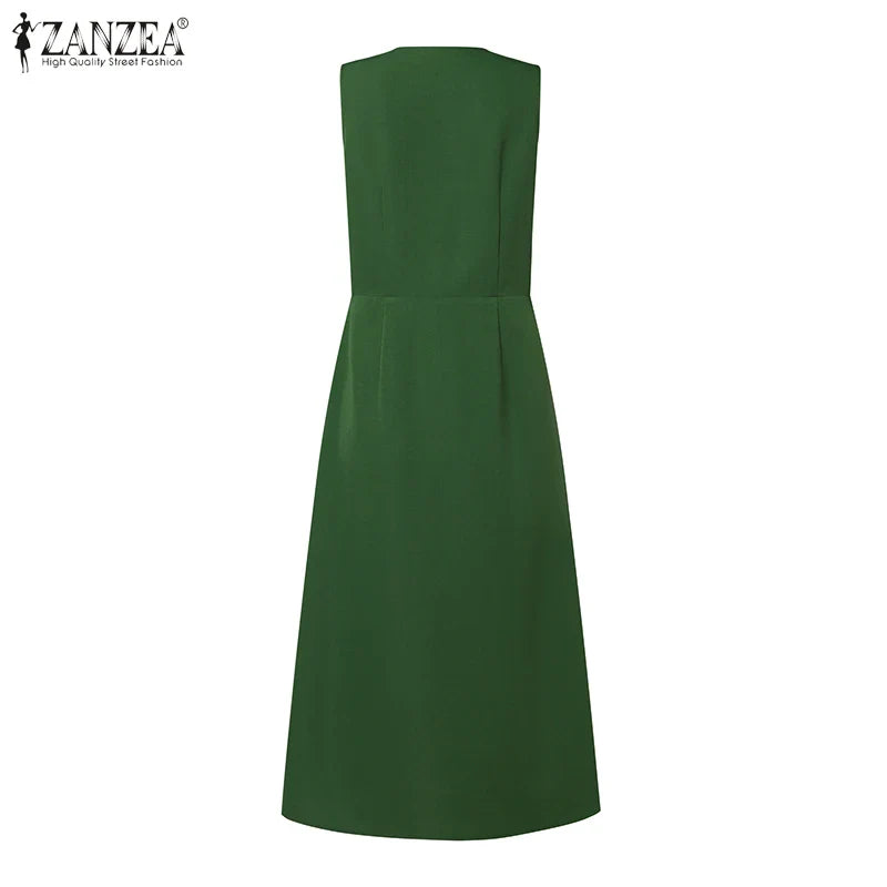 Elegant Leisure Retro V Neck Sleeveless Button Down MidI  Dress