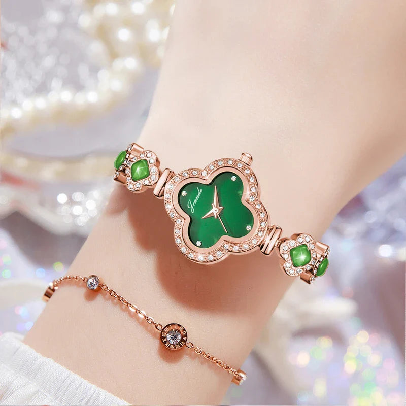 Lucky 4 Leaf Clover Green Rhinestone Watch