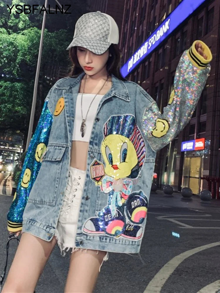 Hip Hop Cartoon Sequin Stitching Embroidery  Denim Jackets