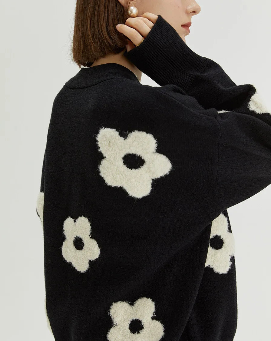 Trendy Floral Embroidered Knitted  Loose Fitting Cardigan