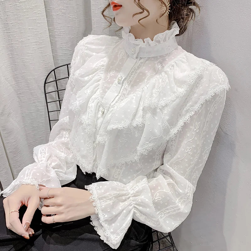 Victorian Style Ruffle Lace  Stand Collar Pleated Blouse with  Long Sleeve