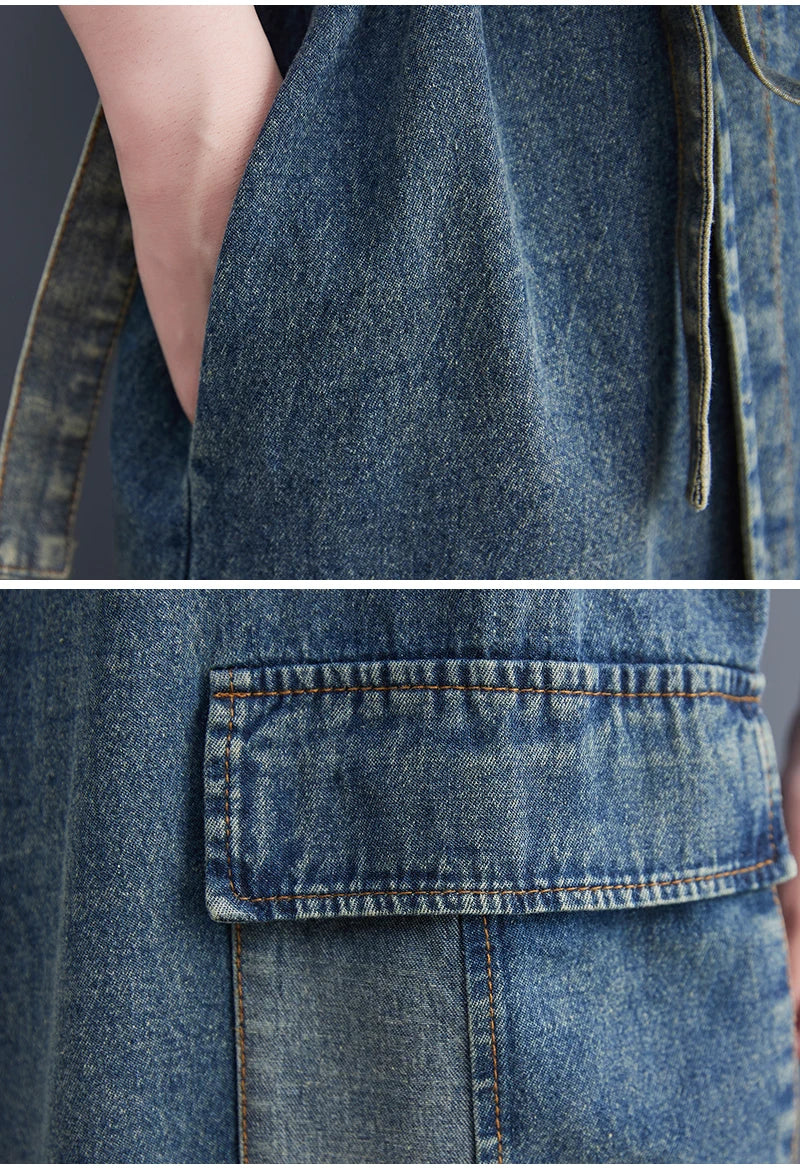 Classic Leisure Fashion Loose Belt Sleeveless Denim Dresses
