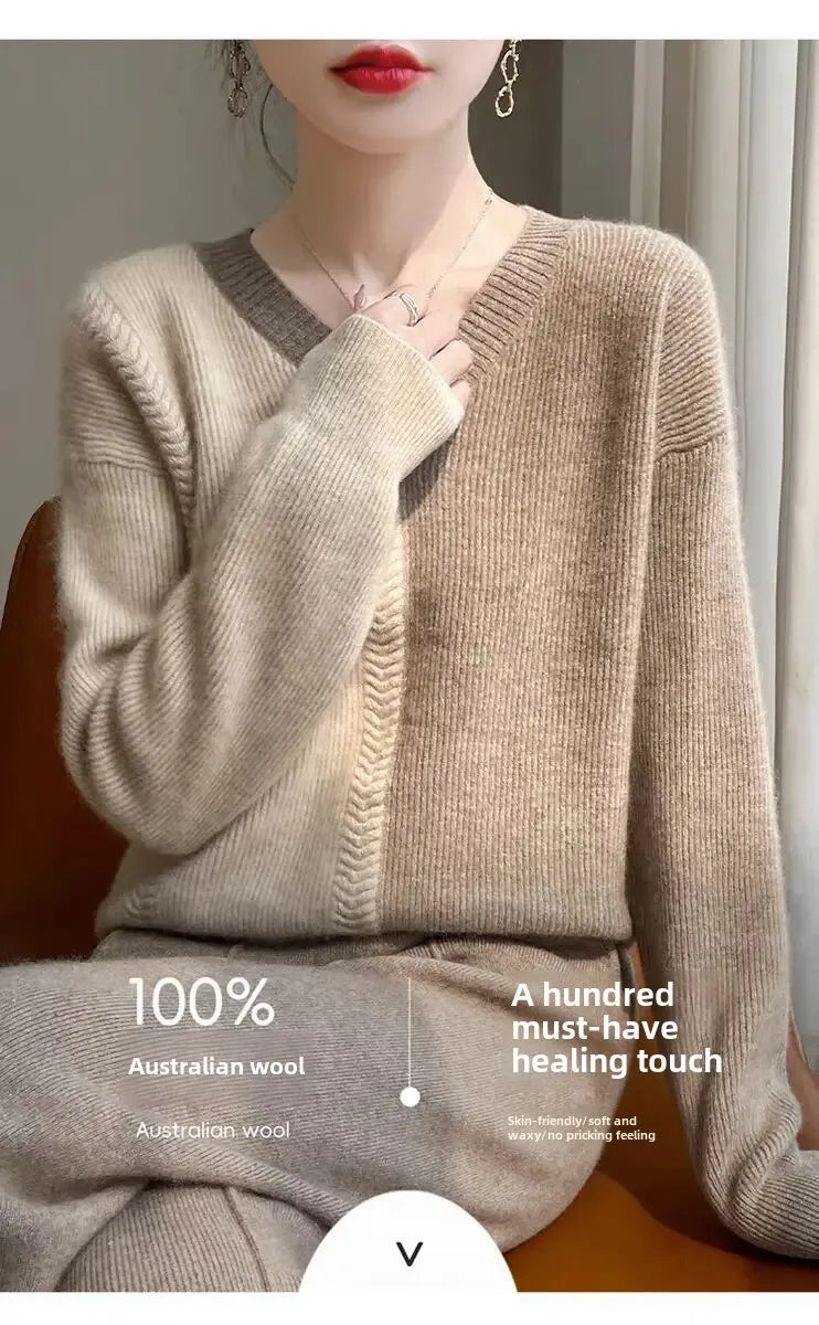 Chic Cashmere Knitted Color Block Patchwork Loose-Fit Style Pullover