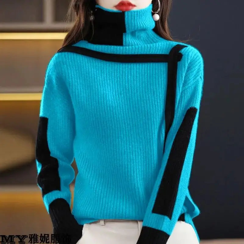 Patchwork Art Design Knit Sweater with High-Collar& Raglan Sleeve