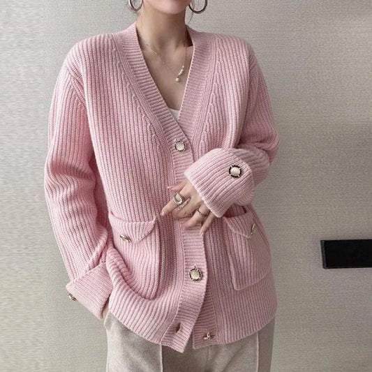 Elegant   Loose-Fit V-Neck Knitted  Cardigan with  Long Sleeve One Size