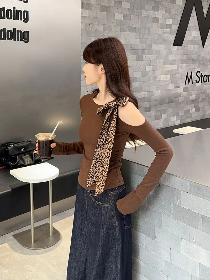 Coffee Leopard  Round Neck Long Sleeve Slim Top