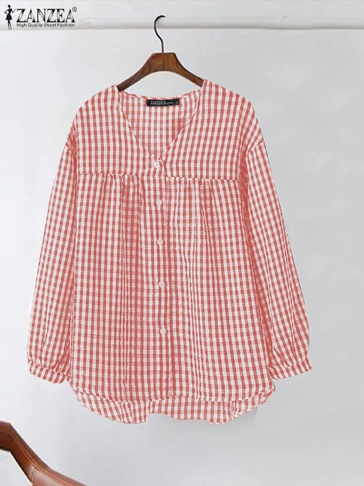 Vintage Plaid Checked  V-Neck Shirt with Long Sleeves