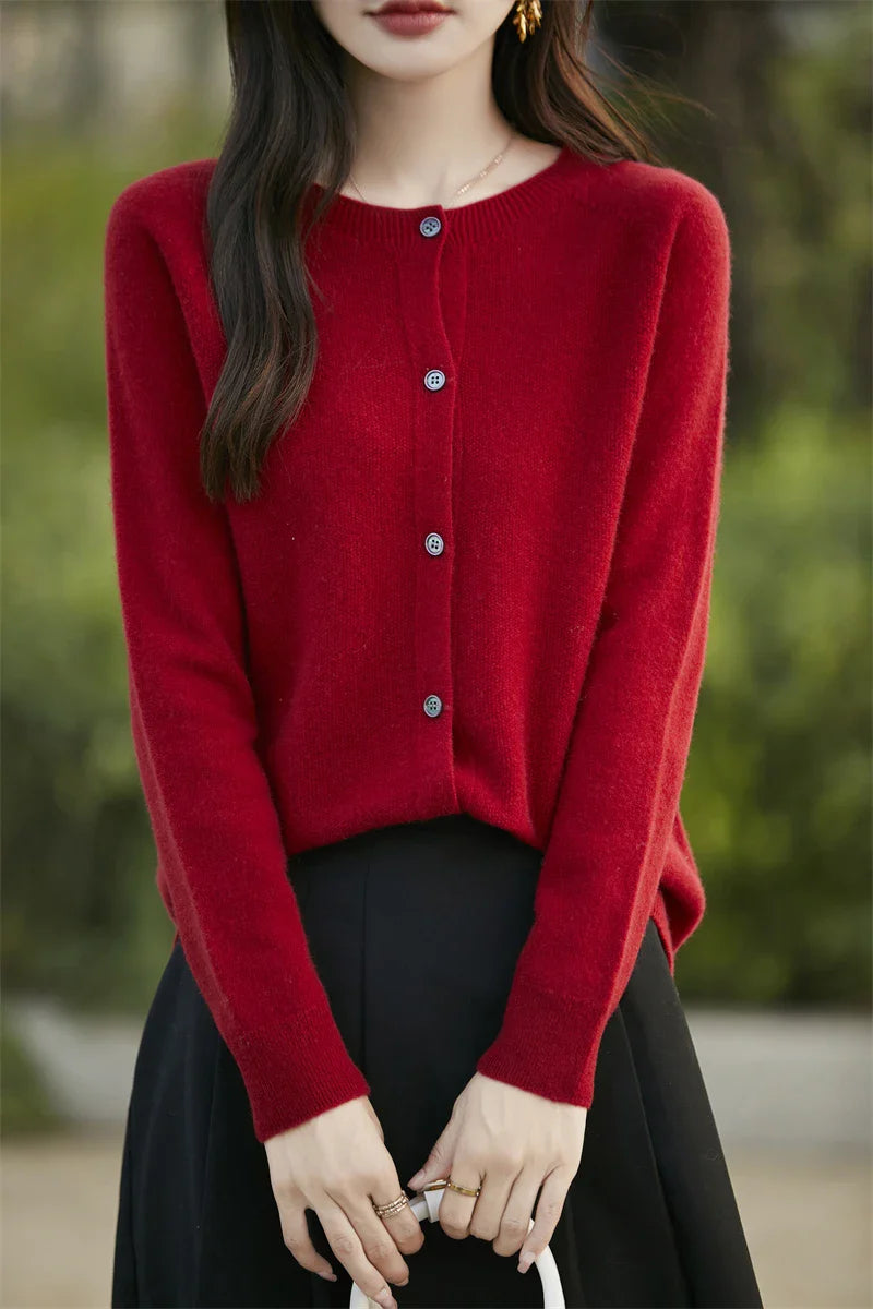 Soft Wool Cashmere Blend Knitted Round Neck Cardigan