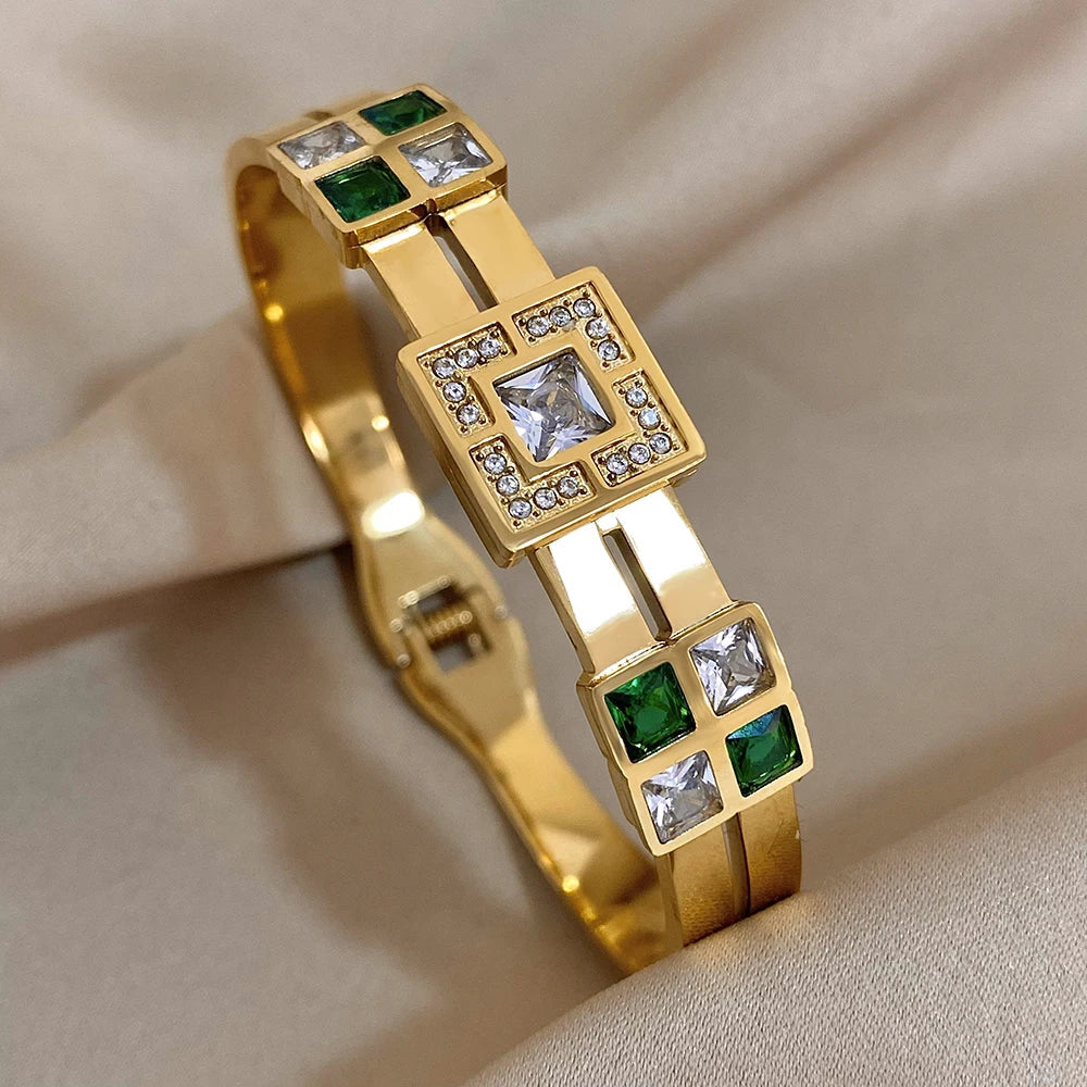Luxury Designer Royal Emerald Green White Zircon Bangle Cuff Bracelet