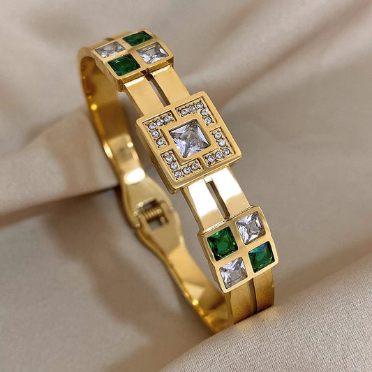 Luxury Designer Royal Emerald Green White Zircon Bangle Cuff Bracelet