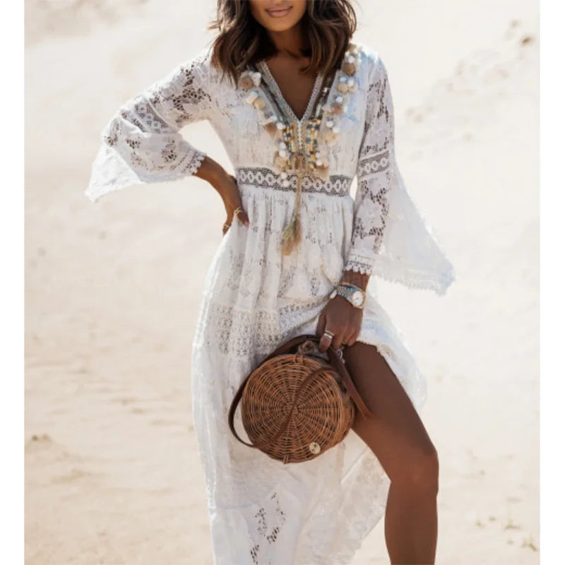 Boho White Beige Lace V Neck Dress