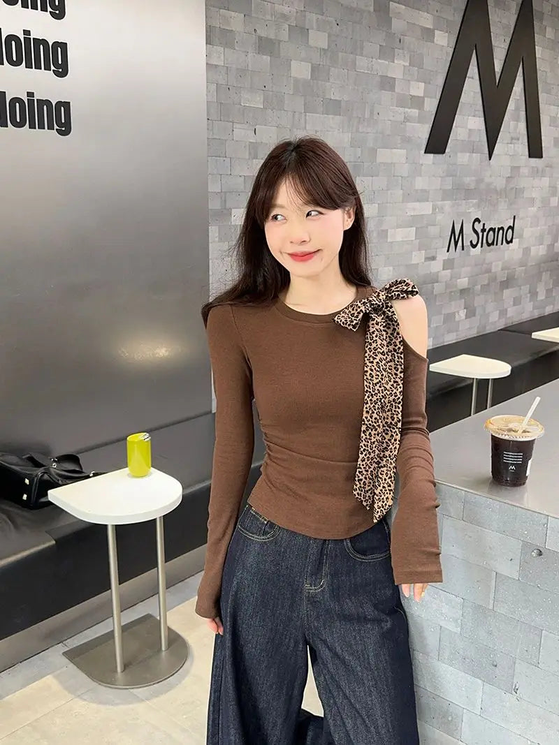 Coffee Leopard  Round Neck Long Sleeve Slim Top