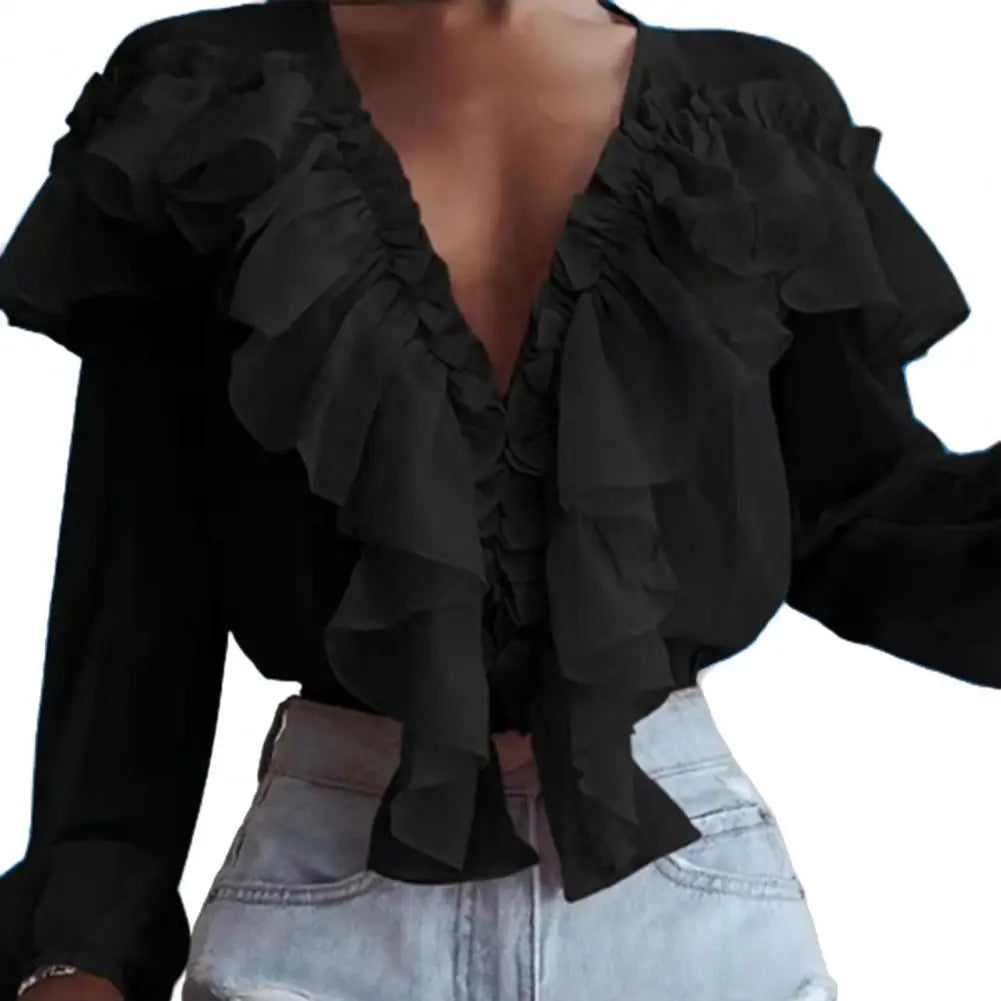 Love Ruffle Collar V-neck  Chiffon Shirt with Long Sleeve