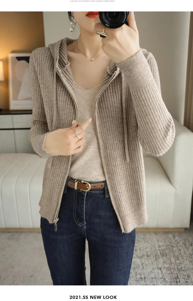 Buttery Soft 100% Pure Merino Wool Knitted  Zipper Hooded Cardigan