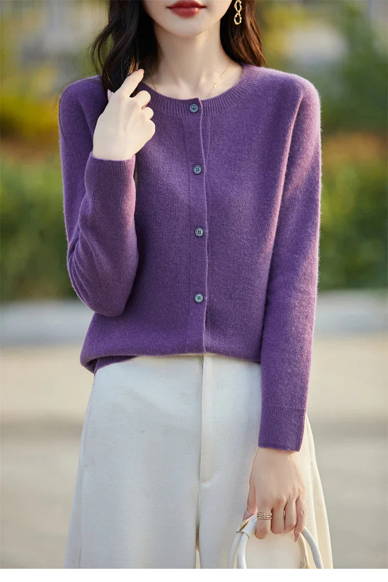 Soft Wool Cashmere Blend Knitted Round Neck Cardigan