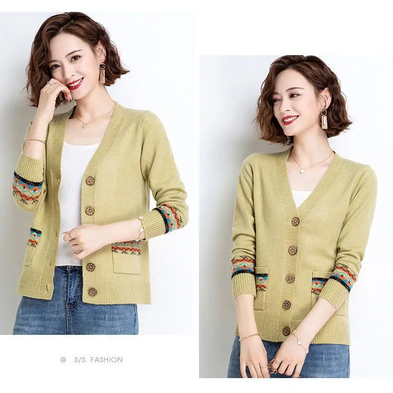 Folk Vintage Button V-Neck  Cardigans with Long Sleeves and Pockets