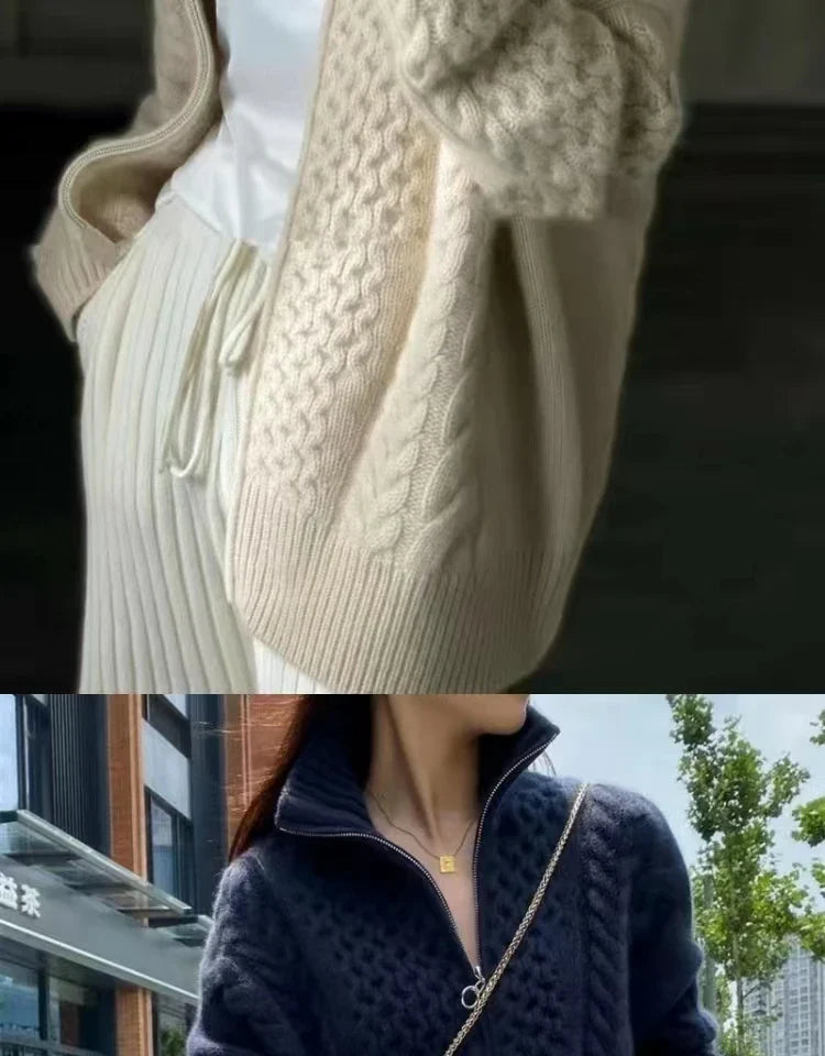 Luxurious High Neck Knit Wool Zippered Cardigan Sweater Jacket