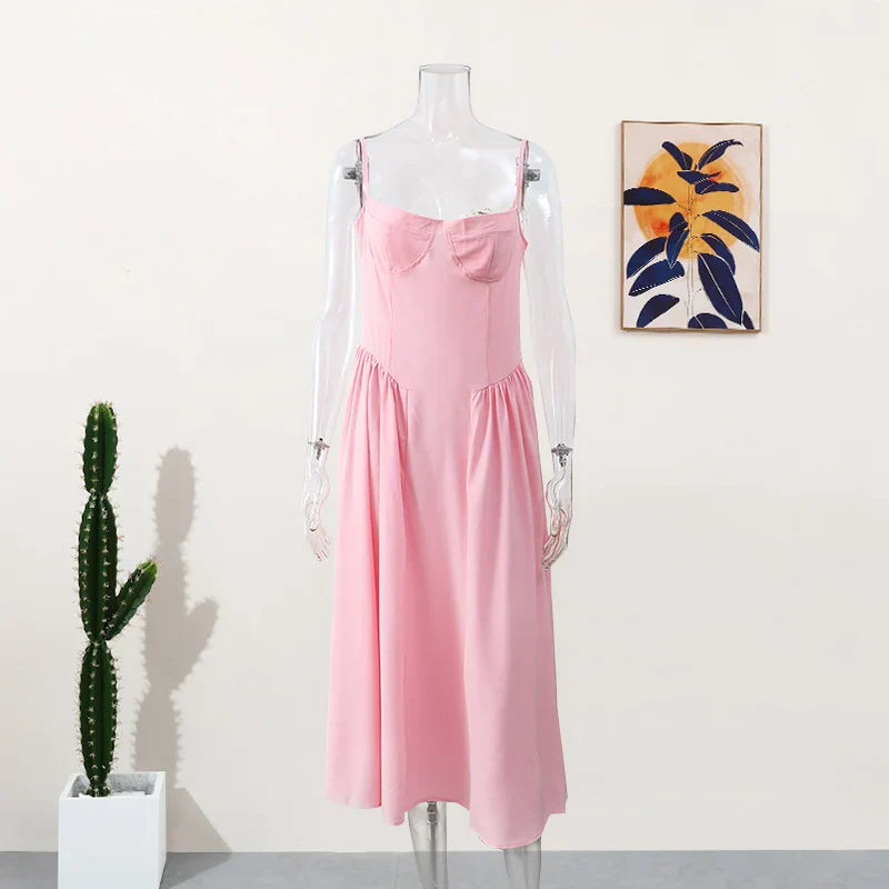 Party Pleated Hem Sling Midi Sleeveless Backless Dresses