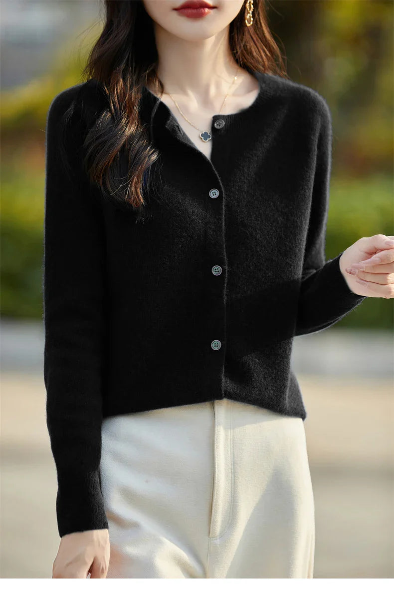Soft Wool Cashmere Blend Knitted Round Neck Cardigan