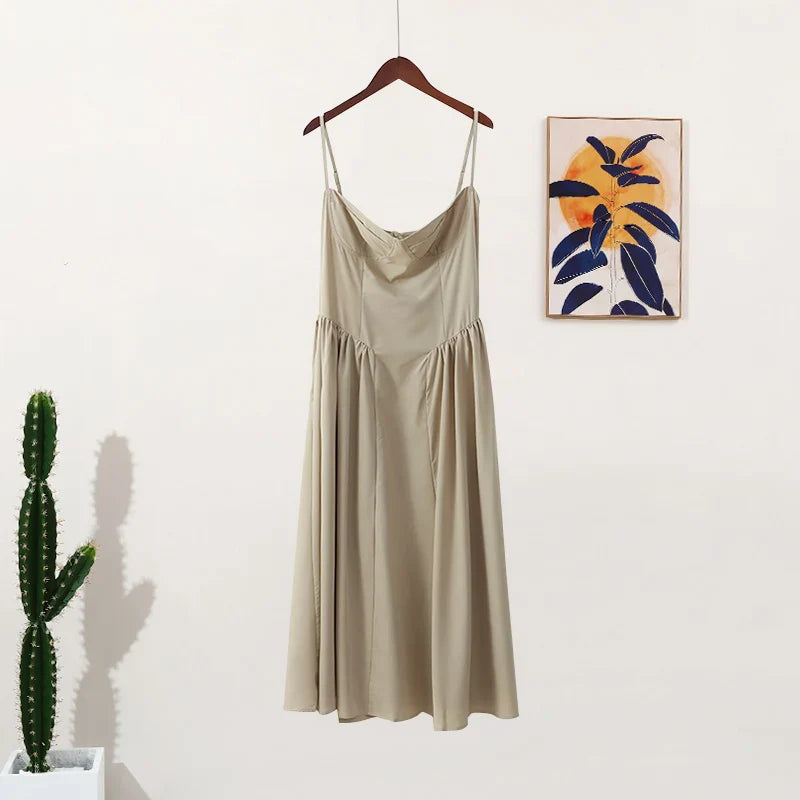 Party Pleated Hem Sling Midi Sleeveless Backless Dresses