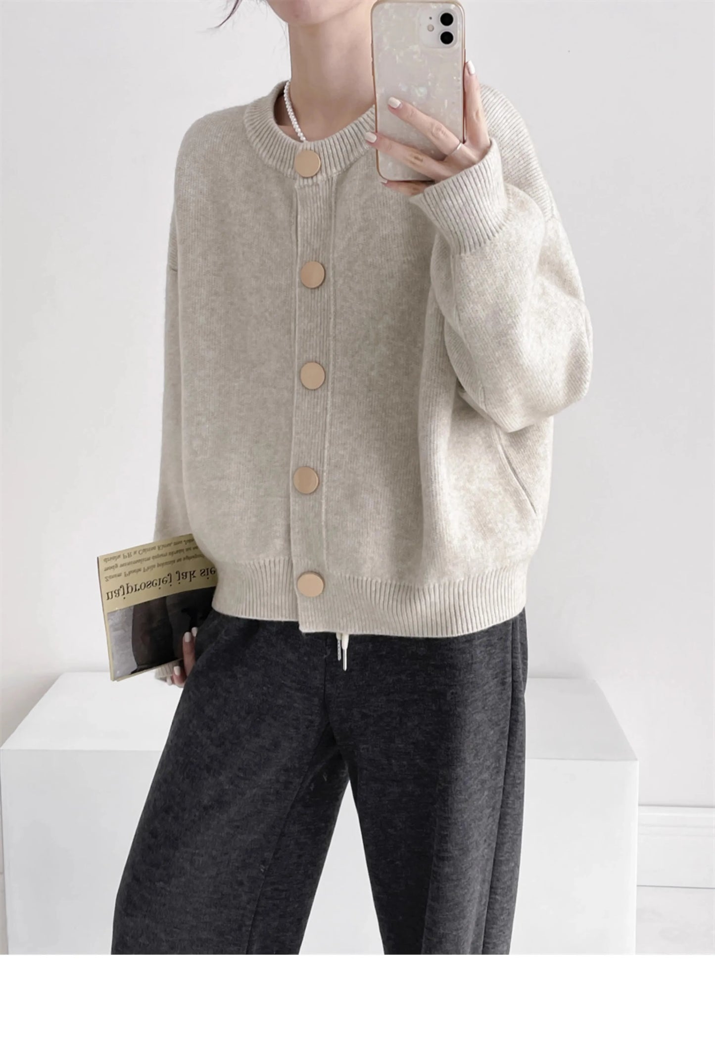 Elegant Cashmere  O-neck Knitted Loose  Cardigans Sweater