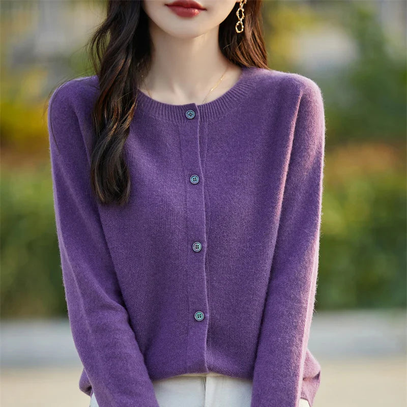 Soft Wool Cashmere Blend Knitted Round Neck Cardigan