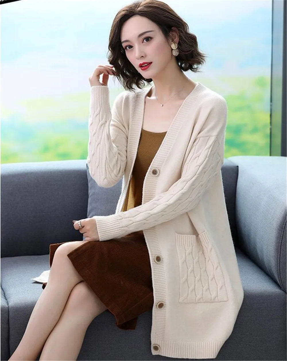 New Vintage V Neck  Knitted Sweater Coat