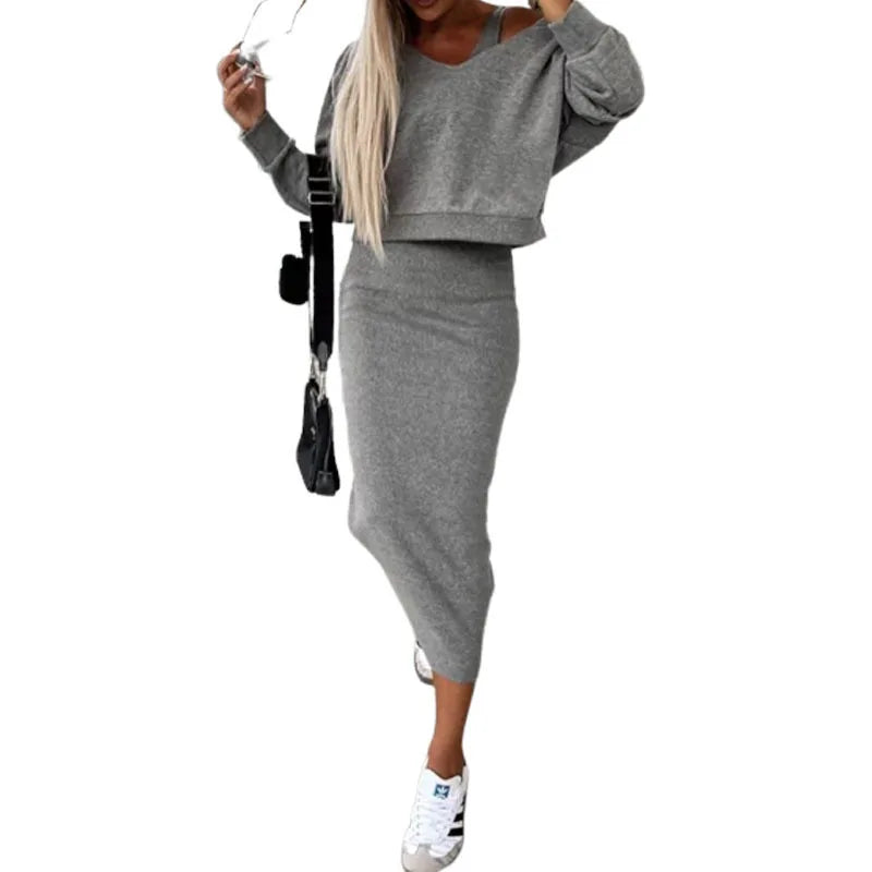 Sporty Slim Fit V-Neck Hooded Sweater Long Dress with Short Top- 2 Prices Set