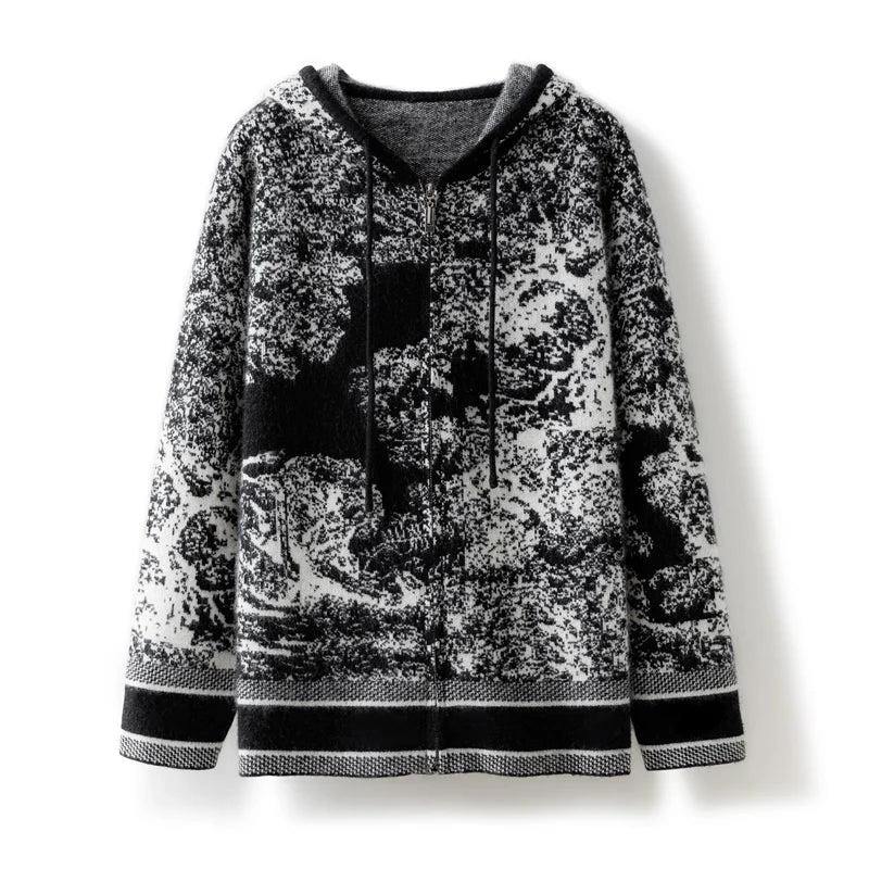 Tie Dye Pure Wool Black and White  Painting Hooded Zipper Cardigan
