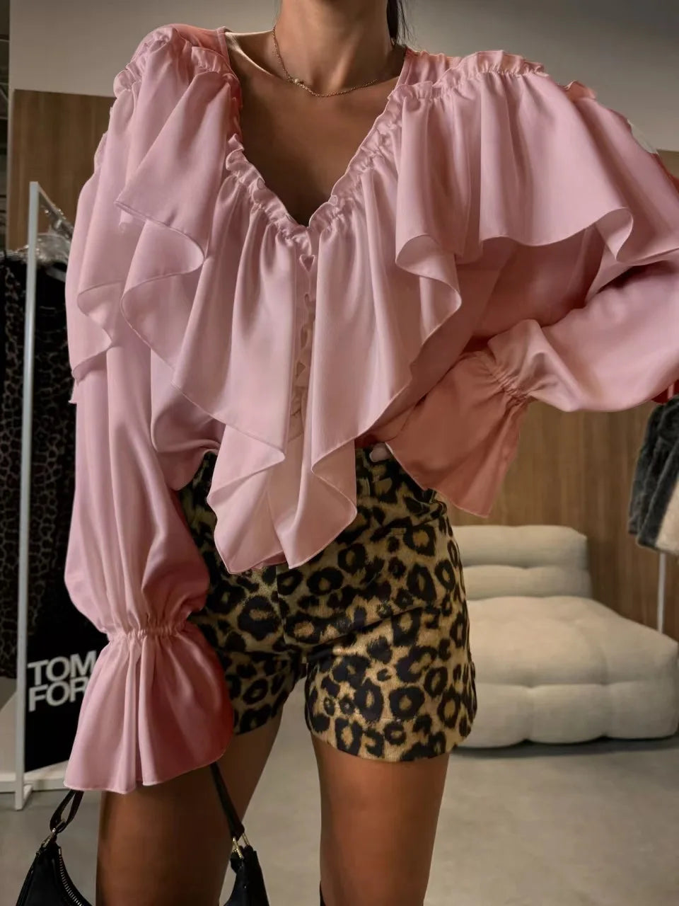 Bohemian  Ruffles Long Sleeves Oversize Shirts Tops