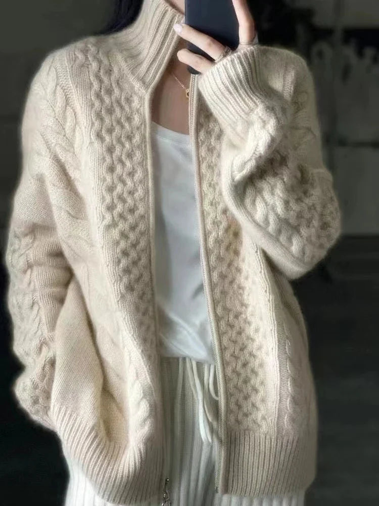 Luxurious High Neck Knit Wool Zippered Cardigan Sweater Jacket