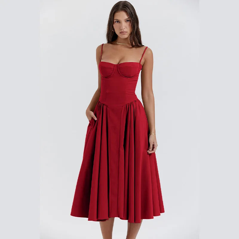 Party Pleated Hem Sling Midi Sleeveless Backless Dresses