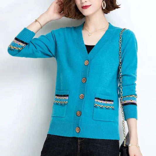 Folk Vintage Button V-Neck  Cardigans with Long Sleeves and Pockets