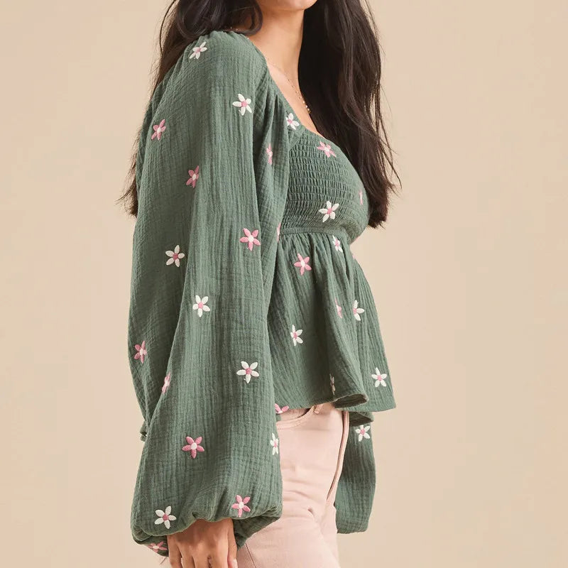 Floral Embroidered Smocked Square Neck Vintage Casual Tops