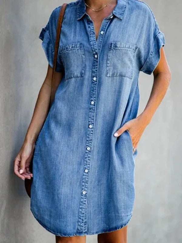 Summer  Denim Shirt Dress with  Pocket Simple