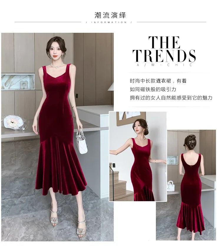 NEW Elegant Korean  Velvet Backless Sleeveless Midi Mermaid Dresses