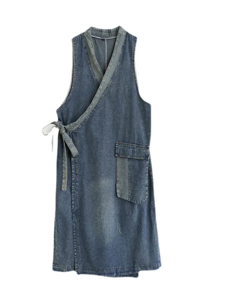 Classic Leisure Fashion Loose Belt Sleeveless Denim Dresses