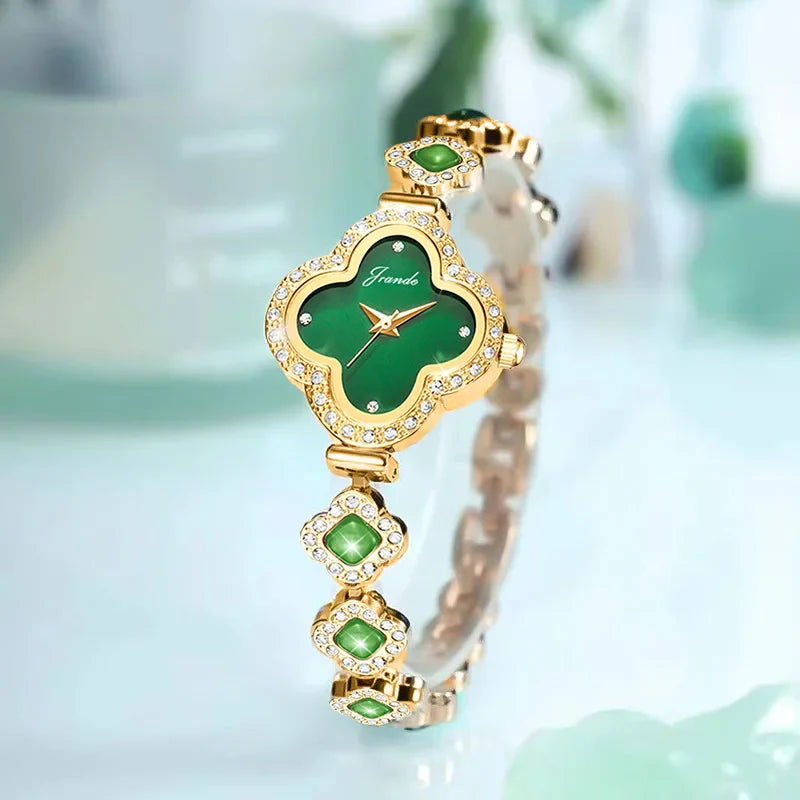Lucky 4 Leaf Clover Green Rhinestone Watch