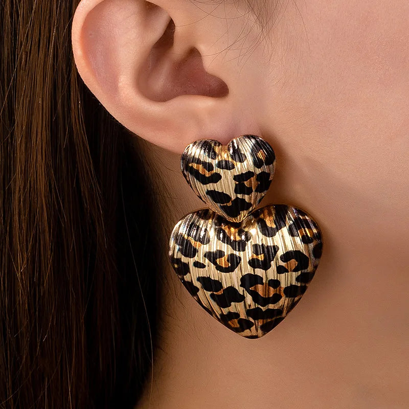 Trendy Gold Leopard Print  Heart  Drop  Earrings