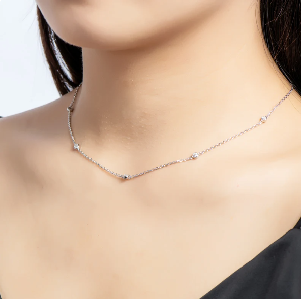 GRA Certified Flawless 5 Stone 2.5 Carat TW Moissanite Diamond Bubble Necklace 925 Sterling Sliver with 18k Gold Overlay.