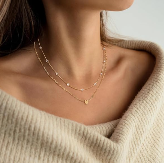 Special Design Double Layer Twin Pearl Heart Necklace.