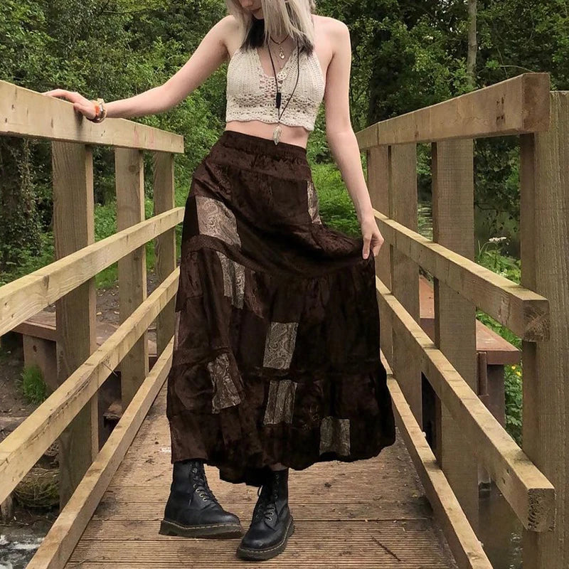 Boho  Patchwork Brown Pleated   Skirt