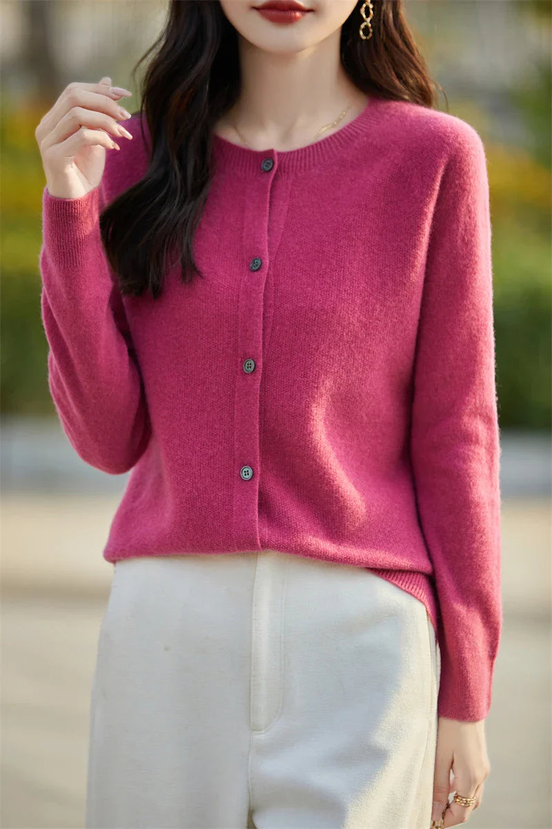 Soft Wool Cashmere Blend Knitted Round Neck Cardigan