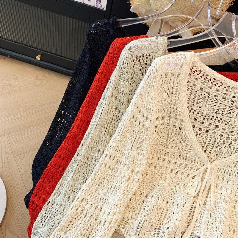 Casual Comfort Crochet  Short Top  Knitted Cardigan with Long Sleeves