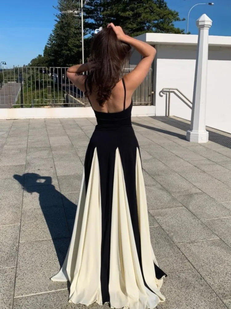 Elegant Black White Contrasting  Sling Backless Sleeveless High Waist Max Dress