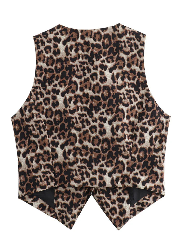 Chic Vintage Leopard Print  Sleeveless  V-Neck Slim Short Vest